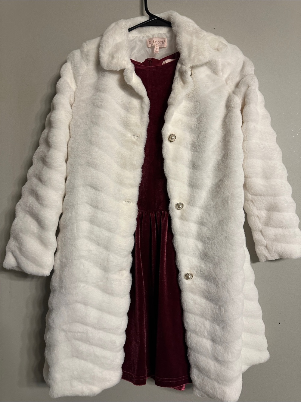 Biscotti White Faux Fur Long Coat with Velvet Dress Accent